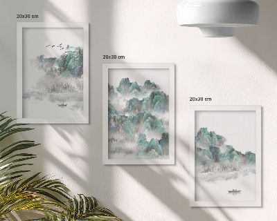 Triptyk tavla med ram Berg i molnen med fåglar och en båt på vattnet japandi
