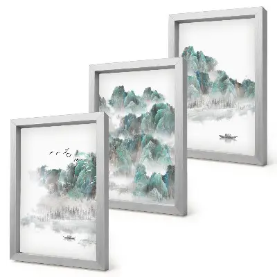 Triptyk med ram berg i molnen med fåglar och båt i japandistil