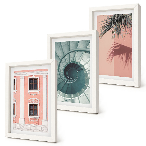 Tavelvägg med 3 tavlor Arkitektur i pastellfärger och spiralmönster