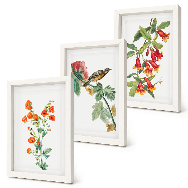 Triptyk tavla med ram Målade retroblommor och en fågel på en gren