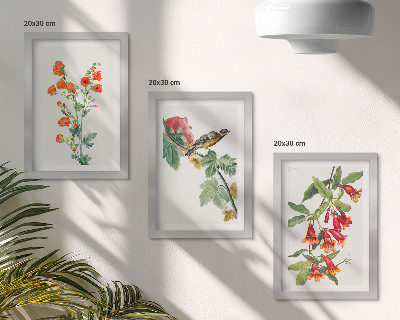 Triptyk tavla med ram Målade retroblommor och en fågel på en gren