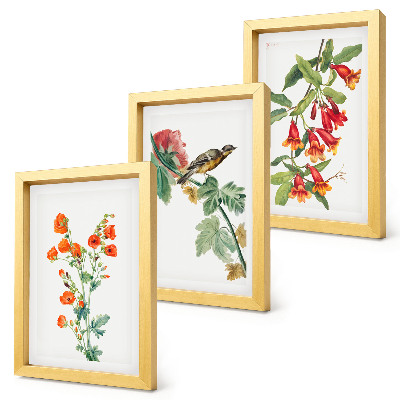 Triptyk tavla med ram Målade retroblommor och en fågel på en gren
