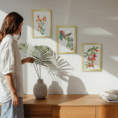 Triptyk tavla med ram Målade retroblommor och en fågel på en gren