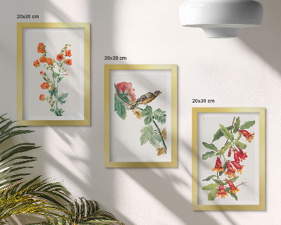 Triptyk tavla med ram Målade retroblommor och en fågel på en gren