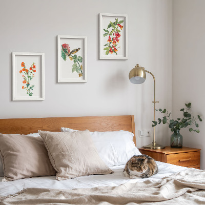 Triptyk tavla med ram Målade retroblommor och en fågel på en gren