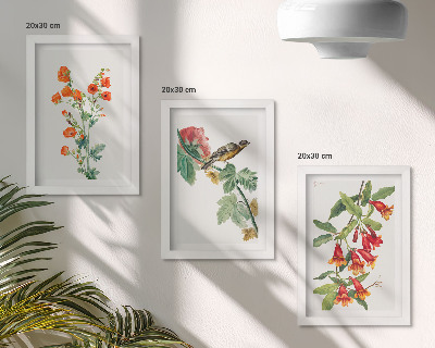 Triptyk tavla med ram Målade retroblommor och en fågel på en gren