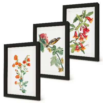 Triptyk tavla med ram Målade retroblommor och en fågel på en gren