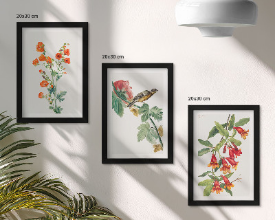 Triptyk tavla med ram Målade retroblommor och en fågel på en gren