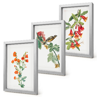 Triptyk tavla med ram Målade retroblommor och en fågel på en gren