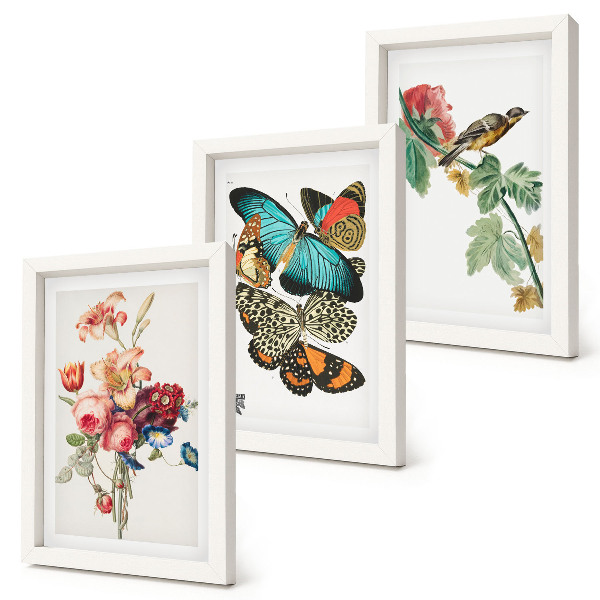 Triptyk tavla med ram Blommor, fjärilar och en fågel i pastellfärger