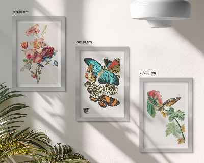 Triptyk tavla med ram Blommor, fjärilar och en fågel i pastellfärger