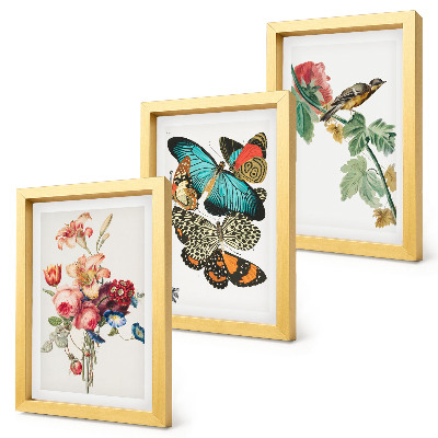 Triptyk tavla med ram Blommor, fjärilar och en fågel i pastellfärger