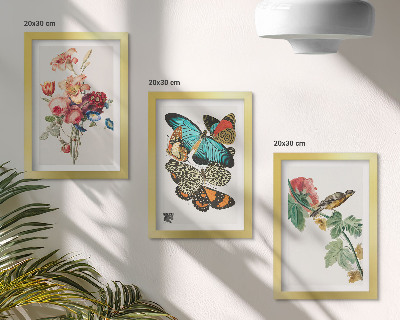Triptyk tavla med ram Blommor, fjärilar och en fågel i pastellfärger
