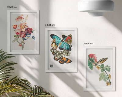 Triptyk tavla med ram Blommor, fjärilar och en fågel i pastellfärger