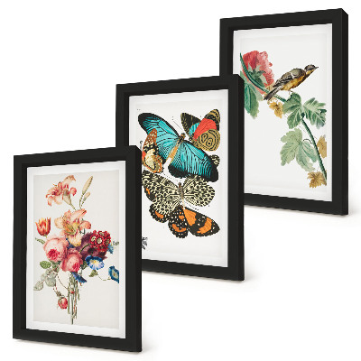 Triptyk tavla med ram Blommor, fjärilar och en fågel i pastellfärger