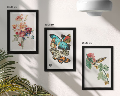 Triptyk tavla med ram Blommor, fjärilar och en fågel i pastellfärger
