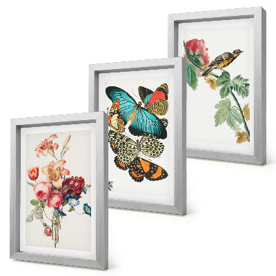 Triptyk tavla med ram Blommor, fjärilar och en fågel i pastellfärger