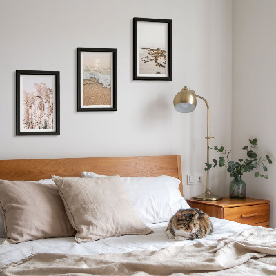 Triptyk tavla med ram Strandgräsvågor och stenar vid havet i boho-stil