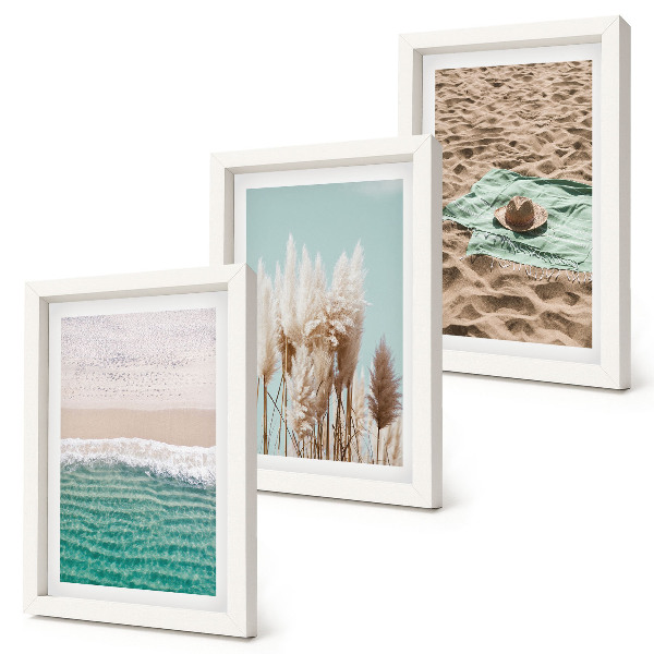 Tavelvägg med 3 tavlor Strand, vågor, gräs, hatt, sand, avkoppling, natur