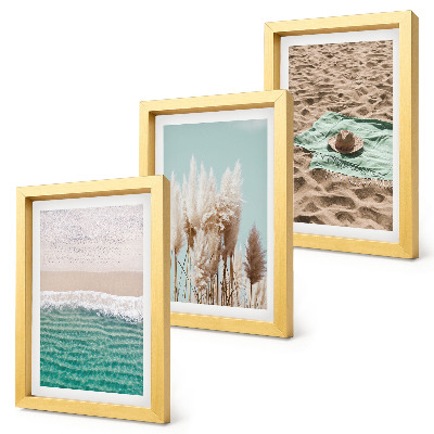 Tavelvägg med 3 tavlor Strand, vågor, gräs, hatt, sand, avkoppling, natur