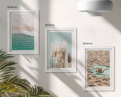 Tavelvägg med 3 tavlor Strand, vågor, gräs, hatt, sand, avkoppling, natur