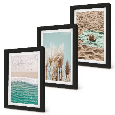 Tavelvägg med 3 tavlor Strand, vågor, gräs, hatt, sand, avkoppling, natur