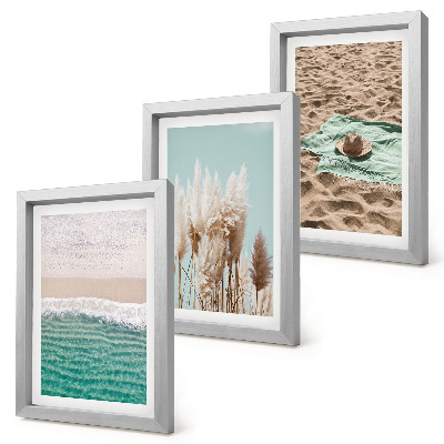 Tavelvägg med 3 tavlor Strand, vågor, gräs, hatt, sand, avkoppling, natur
