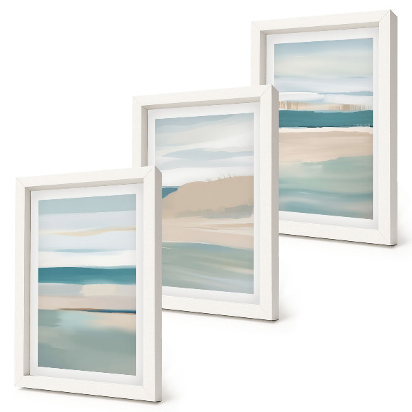 Triptyk tavla med ram Abstrakta landskap i nyanser av blått och beige