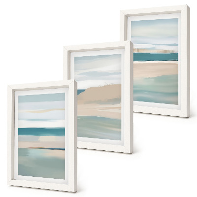 Triptyk tavla med ram Abstrakta landskap i nyanser av blått och beige