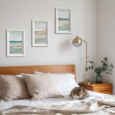 Triptyk tavla med ram Abstrakta landskap i nyanser av blått och beige