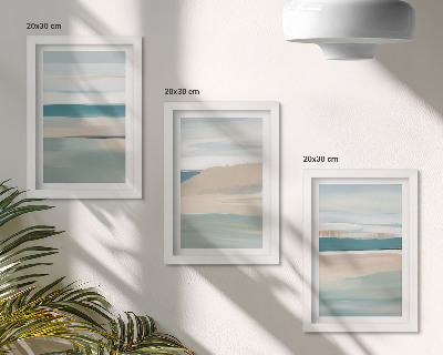 Triptyk tavla med ram Abstrakta landskap i nyanser av blått och beige