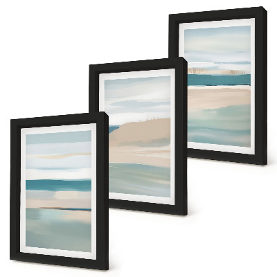 Triptyk tavla med ram Abstrakta landskap i nyanser av blått och beige
