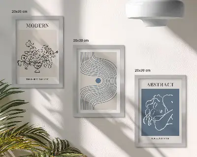 Tavelvägg med 3 motiv blommor, linjer och abstrakta former