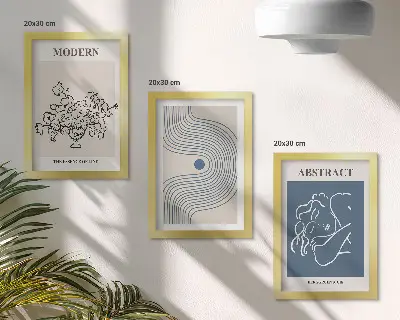 Tavelvägg med 3 motiv blommor, linjer och abstrakta former