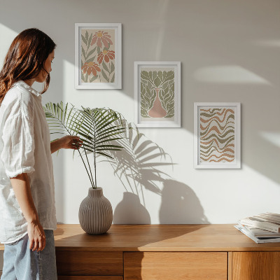 Tavelvägg med 3 tavlor Pastellblommiga illustrationer vågig abstraktion