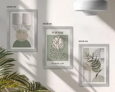 Geometriskt abstrakt botaniskt mönster i triptyk tavla med ram
