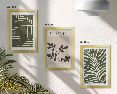 Tavelvägg med 3 tavlor botaniska kompositioner i boho-minimalistisk stil