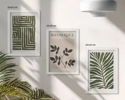Tavelvägg med 3 tavlor botaniska kompositioner i boho-minimalistisk stil