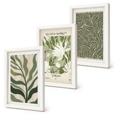 Tavelvägg med 3 tavlor med botaniska växtmotiv i boho-stil