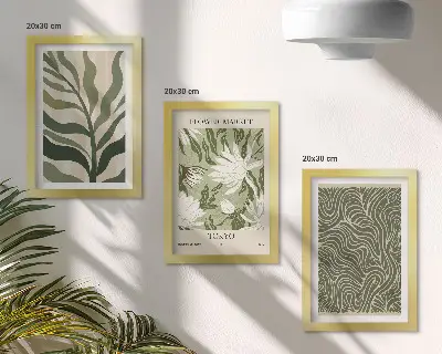 Tavelvägg med 3 tavlor med botaniska växtmotiv i boho-stil