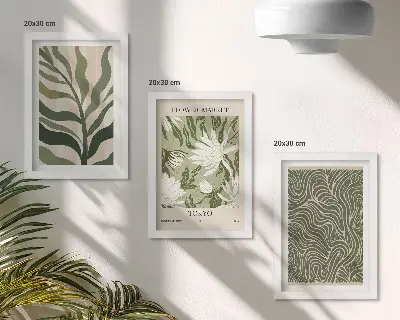 Tavelvägg med 3 tavlor med botaniska växtmotiv i boho-stil