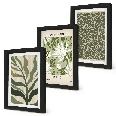 Tavelvägg med 3 tavlor med botaniska växtmotiv i boho-stil