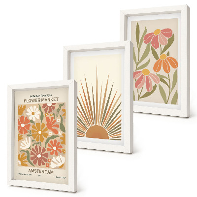 Triptyk tavla med ram Blommor i pastellfärger med solstrålar
