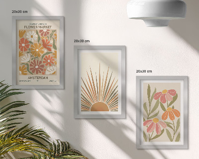 Triptyk tavla med ram Blommor i pastellfärger med solstrålar