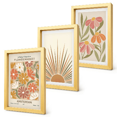 Triptyk tavla med ram Blommor i pastellfärger med solstrålar