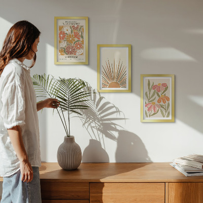 Triptyk tavla med ram Blommor i pastellfärger med solstrålar