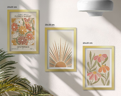 Triptyk tavla med ram Blommor i pastellfärger med solstrålar