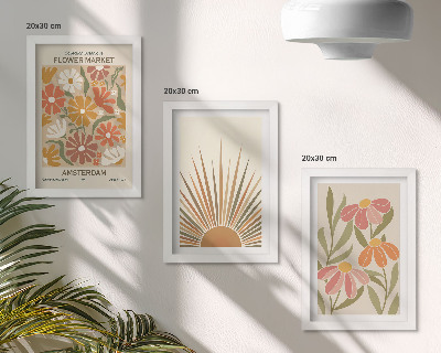 Triptyk tavla med ram Blommor i pastellfärger med solstrålar