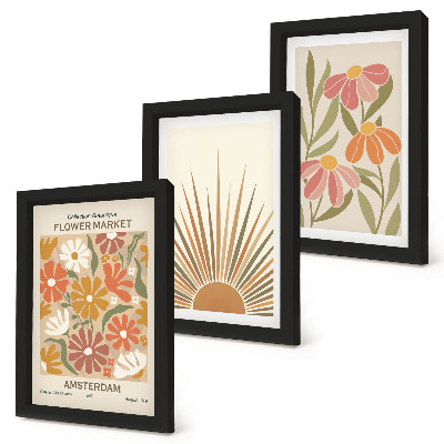 Triptyk tavla med ram Blommor i pastellfärger med solstrålar