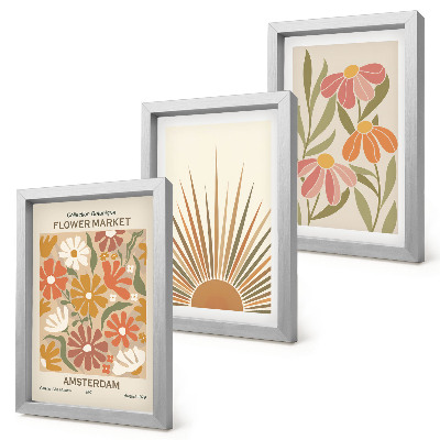 Triptyk tavla med ram Blommor i pastellfärger med solstrålar